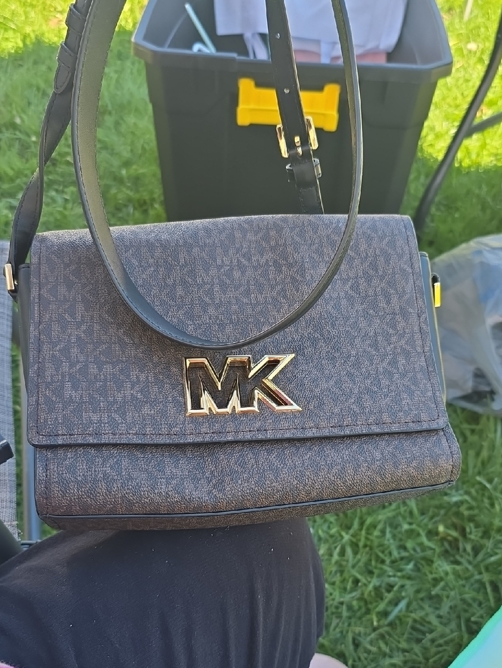 Michael Kors Brown MK Logo Shoulder Bag with Gold Hardware